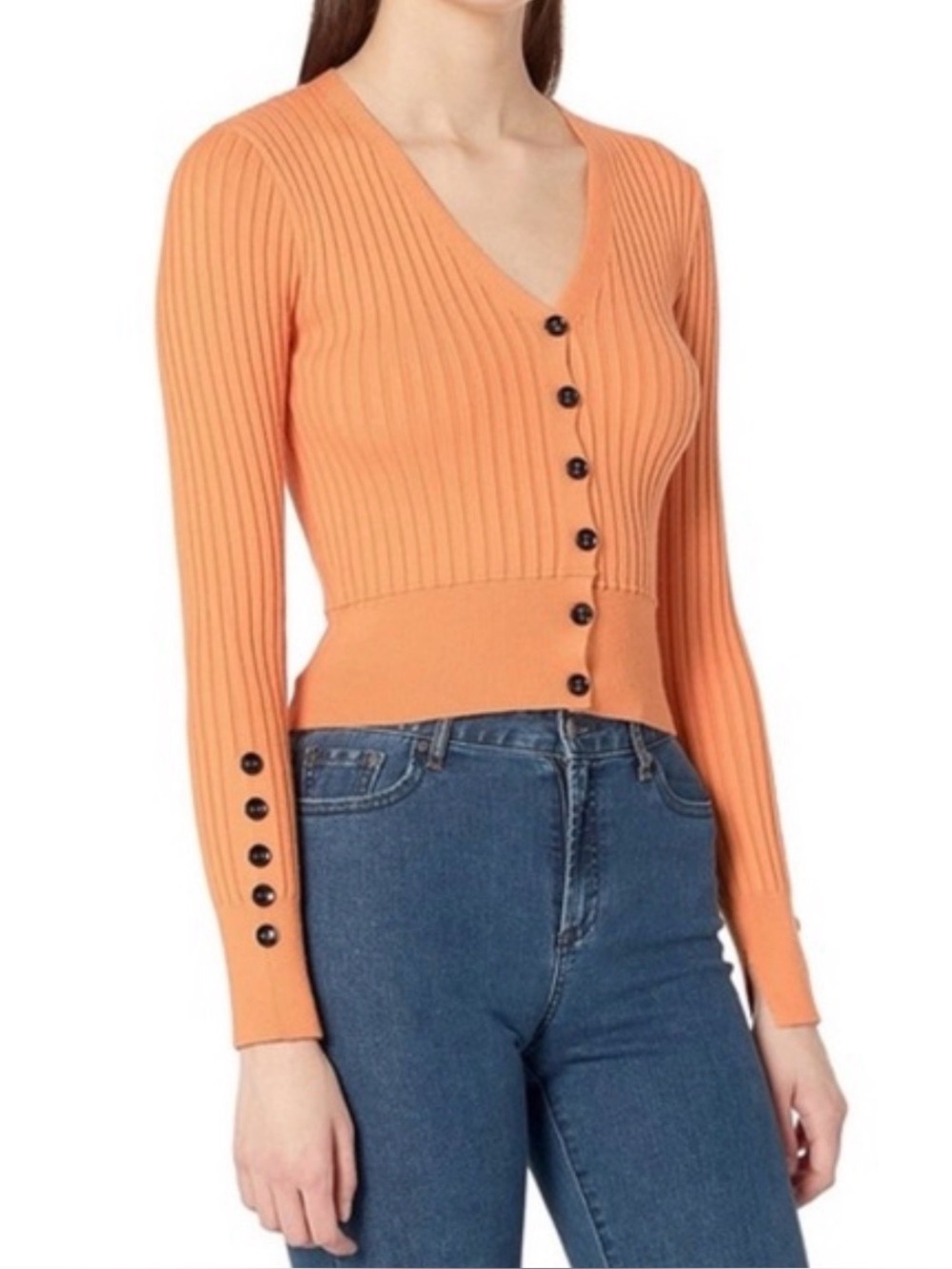 J.O.A. Vibrant Orange Ribbed V-Neck Button-Front Knit Cardigan Sweater NWOT